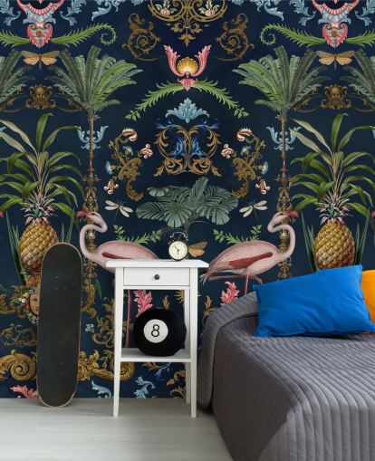 navy flamingos and pineapple wallpaper mural called Ornamental Flamingo by Andrea Haase for bedrooms