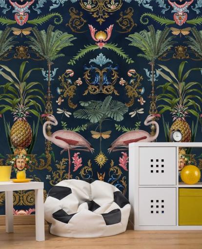 mural de papel pintado de flamencos y piña azul marino llamado Ornamental Flamingo de Andrea Haase para dormitorios