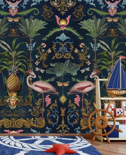 navy flamingos and pineapple wallpaper mural called Ornamental Flamingo by Andrea Haase for bedrooms navy flamingos and pineapple wallpaper mural called Ornamental Flamingo by Andrea Haase for bedrooms