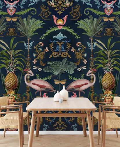 navy flamingos and pineapple wallpaper mural called Ornamental Flamingo by Andrea Haase for bedrooms