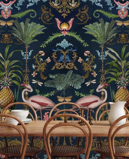 mural de papel pintado de flamencos y piña azul marino llamado Ornamental Flamingo de Andrea Haase para dormitorios