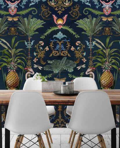 navy flamingos and pineapple wallpaper mural called Ornamental Flamingo by Andrea Haase for bedrooms