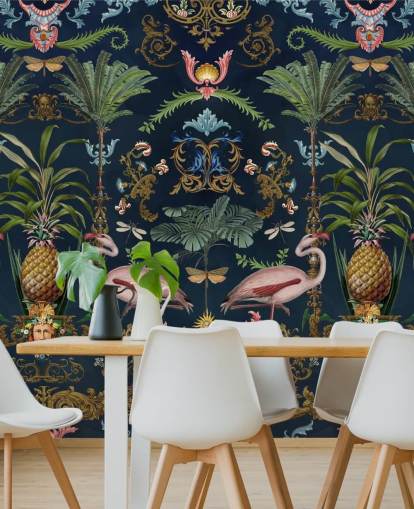 marinflamingos och ananas tapetväggmålning kallad Ornamental Flamingo av Andrea Haase för sovrum