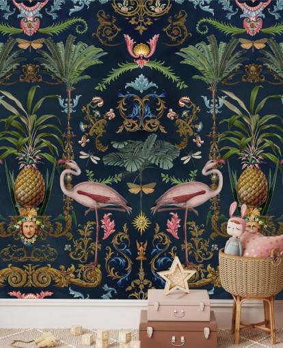 marineblauwe flamingo's en ananas behangmuurschildering genaamd Ornamental Flamingo van Andrea Haase voor slaapkamers marineblauwe flamingo's en ananas behangmuurschildering genaamd Ornamental Flamingo van Andrea Haase voor slaapkamers
