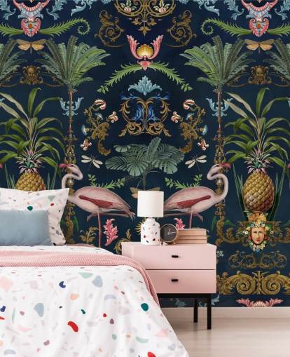 papier peint mural de flamants roses et d'ananas bleu marine appelé Ornamental Flamingo par Andrea Haase pour les chambres papier peint mural de flamants roses et d'ananas bleu marine appelé Ornamental Flamingo par Andrea Haase pour les chambres