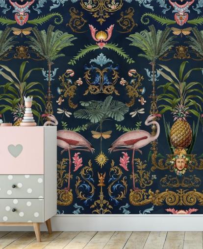 navy flamingos and pineapple wallpaper mural called Ornamental Flamingo by Andrea Haase for bedrooms