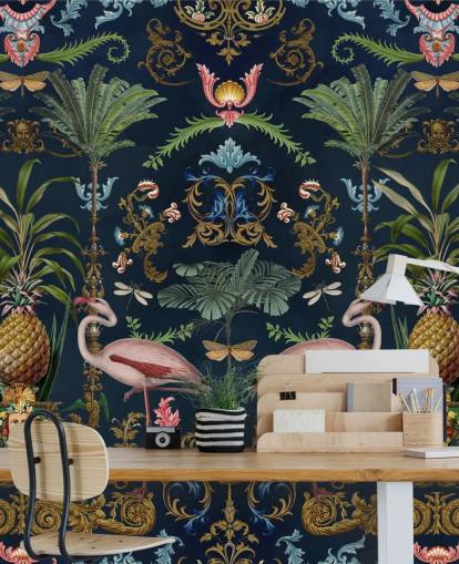 navy flamingos and pineapple wallpaper mural called Ornamental Flamingo by Andrea Haase for bedrooms