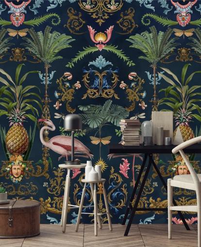 Tapeten-Wandbild mit marineblauen Flamingos und Ananas namens Ornamental Flamingo von Andrea Haase für Schlafzimmer