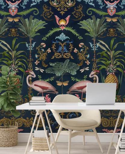 navy flamingos and pineapple wallpaper mural called Ornamental Flamingo by Andrea Haase for bedrooms navy flamingos and pineapple wallpaper mural called Ornamental Flamingo by Andrea Haase for bedrooms