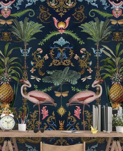 Andrea Haasen laivastonsiniset flamingot ja ananas-taustakuvamaalaus nimeltä Ornamental Flamingo makuuhuoneisiin