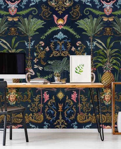 marinflamingos och ananas tapetväggmålning kallad Ornamental Flamingo av Andrea Haase för sovrum