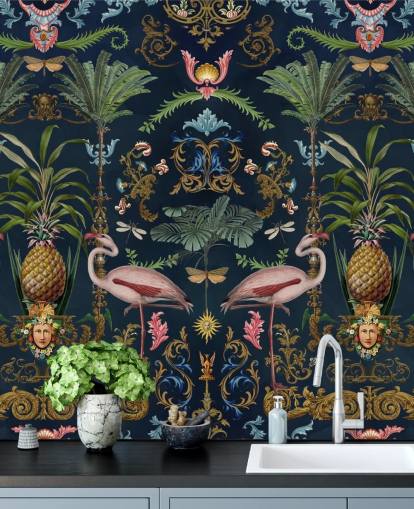 navy flamingos and pineapple wallpaper mural called Ornamental Flamingo by Andrea Haase for bedrooms