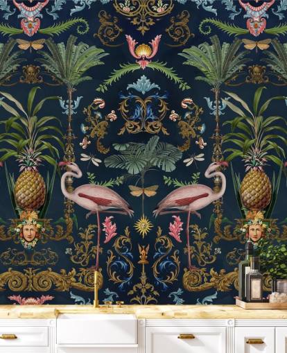 mural de papel pintado de flamencos y piña azul marino llamado Ornamental Flamingo de Andrea Haase para dormitorios