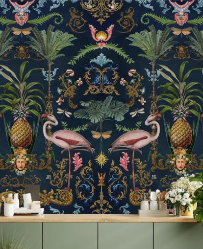 navy flamingos and pineapple wallpaper mural called Ornamental Flamingo by Andrea Haase for bedrooms