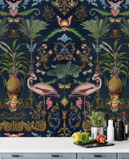 marinflamingos och ananas tapetväggmålning kallad Ornamental Flamingo av Andrea Haase för sovrum
