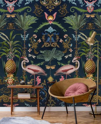 mural de papel pintado de flamencos y piña azul marino llamado Ornamental Flamingo de Andrea Haase para dormitorios