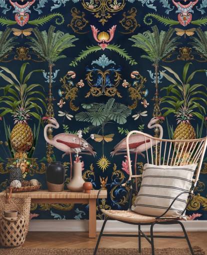 mural de papel pintado de flamencos y piña azul marino llamado Ornamental Flamingo de Andrea Haase para dormitorios