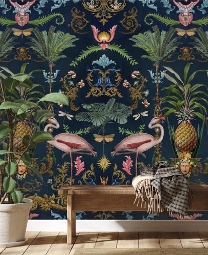 mural de papel pintado de flamencos y piña azul marino llamado Ornamental Flamingo de Andrea Haase para dormitorios