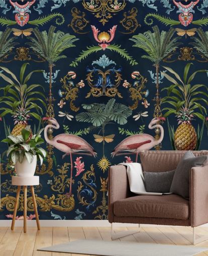 navy flamingos and pineapple wallpaper mural called Ornamental Flamingo by Andrea Haase for bedrooms