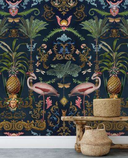 navy flamingos and pineapple wallpaper mural called Ornamental Flamingo by Andrea Haase for bedrooms navy flamingos and pineapple wallpaper mural called Ornamental Flamingo by Andrea Haase for bedrooms