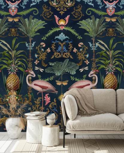 navy flamingos and pineapple wallpaper mural called Ornamental Flamingo by Andrea Haase for bedrooms