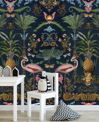 navy flamingos and pineapple wallpaper mural called Ornamental Flamingo by Andrea Haase for bedrooms navy flamingos and pineapple wallpaper mural called Ornamental Flamingo by Andrea Haase for bedrooms