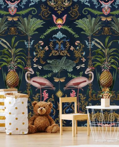 navy flamingos and pineapple wallpaper mural called Ornamental Flamingo by Andrea Haase for bedrooms