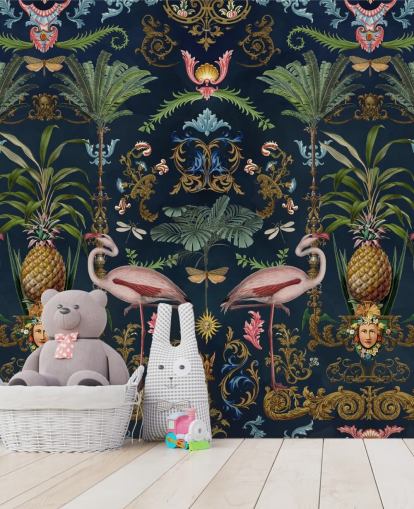 navy flamingos and pineapple wallpaper mural called Ornamental Flamingo by Andrea Haase for bedrooms navy flamingos and pineapple wallpaper mural called Ornamental Flamingo by Andrea Haase for bedrooms