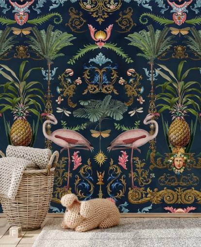 marineblauwe flamingo's en ananas behangmuurschildering genaamd Ornamental Flamingo van Andrea Haase voor slaapkamers