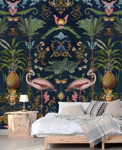 mural de papel pintado de flamencos y piña azul marino llamado Ornamental Flamingo de Andrea Haase para dormitorios