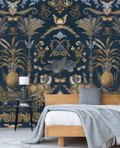 papel pintado tropical azul y dorado papel pintado tropical azul y dorado