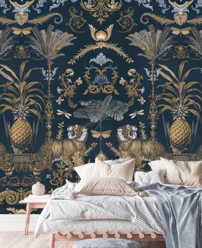 carta da parati tropicale blu e oro