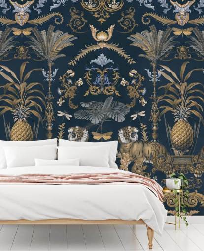 papel pintado tropical azul y dorado