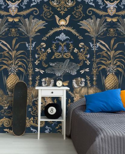 blue and gold tropical wallpaper