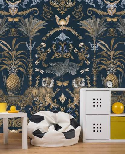 blue and gold tropical wallpaper