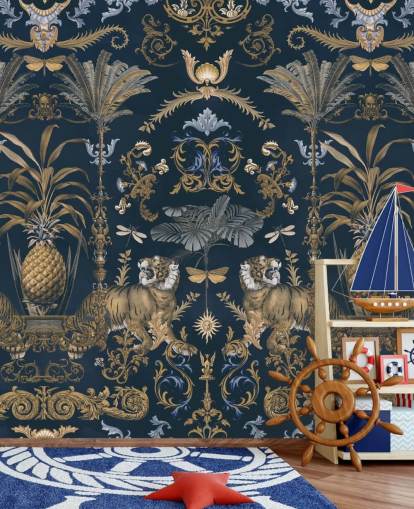 blue and gold tropical wallpaper