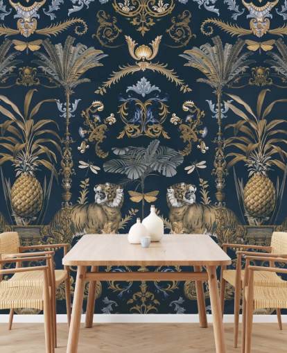 blue and gold tropical wallpaper