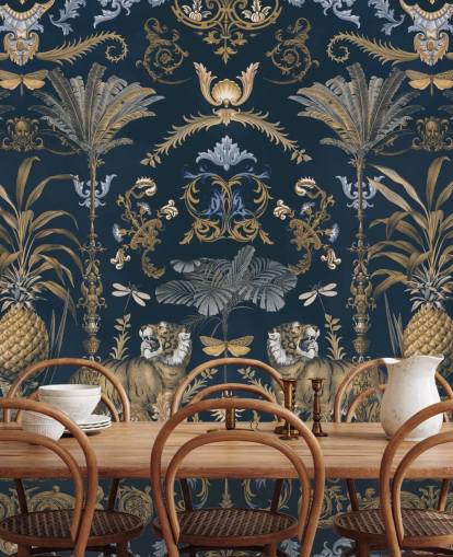 Blaue und goldene tropische Tapete