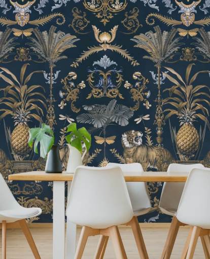 blue and gold tropical wallpaper