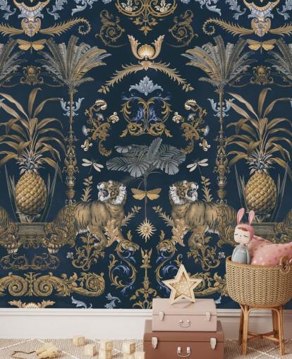 papel de parede tropical azul e dourado papel de parede tropical azul e dourado