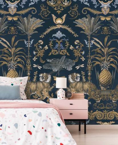 papel pintado tropical azul y dorado