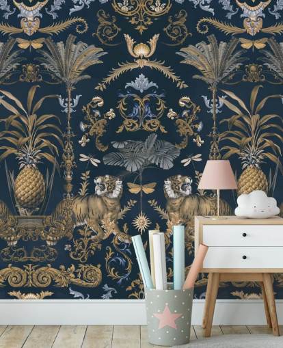 papel pintado tropical azul y dorado