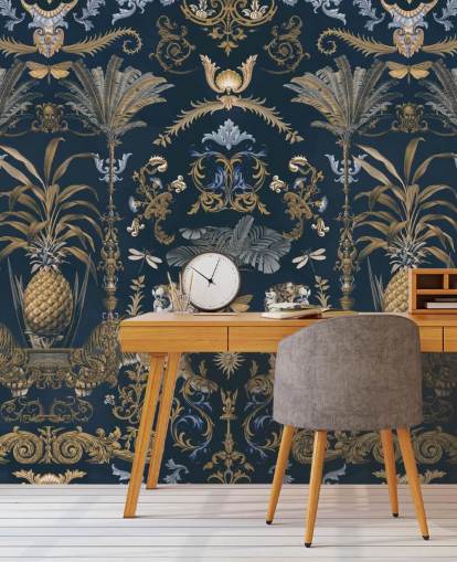 blue and gold tropical wallpaper