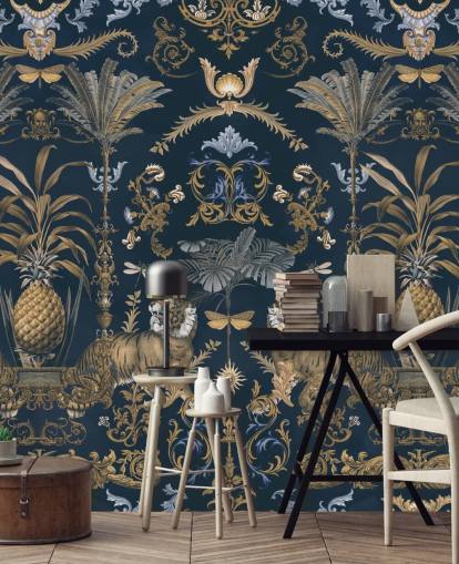 papel pintado tropical azul y dorado papel pintado tropical azul y dorado