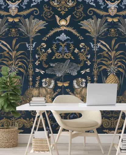 papel de parede tropical azul e dourado