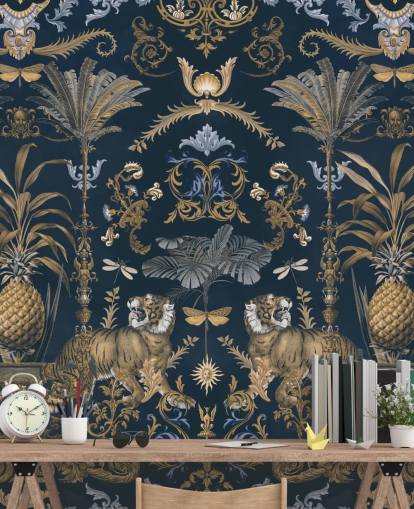 Blaue und goldene tropische Tapete Blaue und goldene tropische Tapete