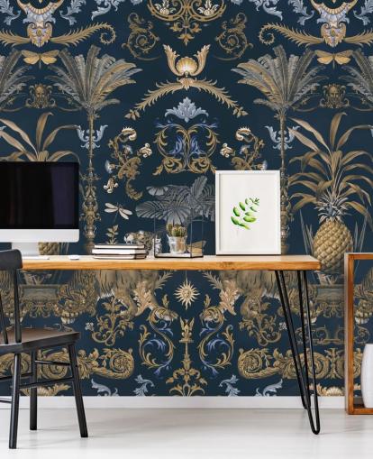 papel pintado tropical azul y dorado