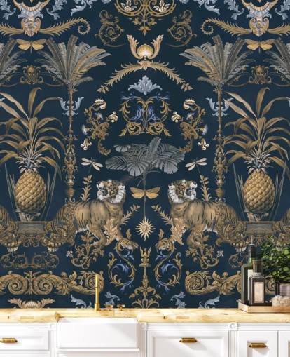 papel pintado tropical azul y dorado papel pintado tropical azul y dorado