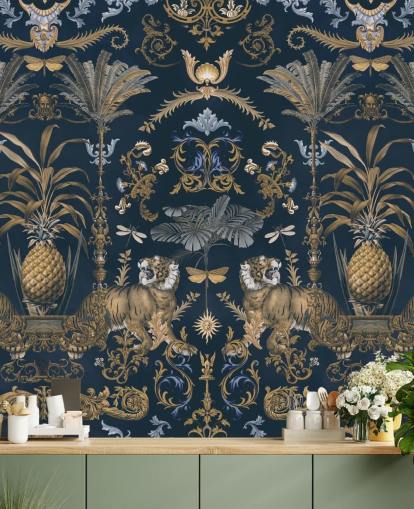 papel pintado tropical azul y dorado