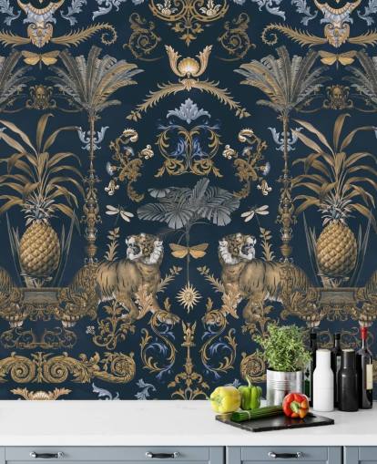 blue and gold tropical wallpaper